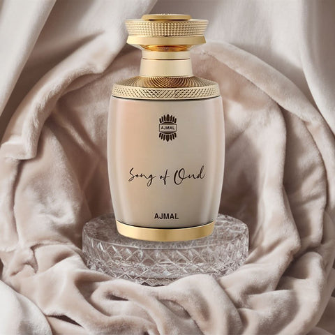Ajmal Song of Oud EDP spray bottle, 75ml, with luxurious floral scent and elegant packaging.