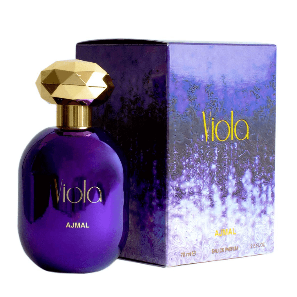 Ajmal Viola for Women EDP bottle, 75 ML perfume with floral and fruity notes, elegant fragrance packaging.