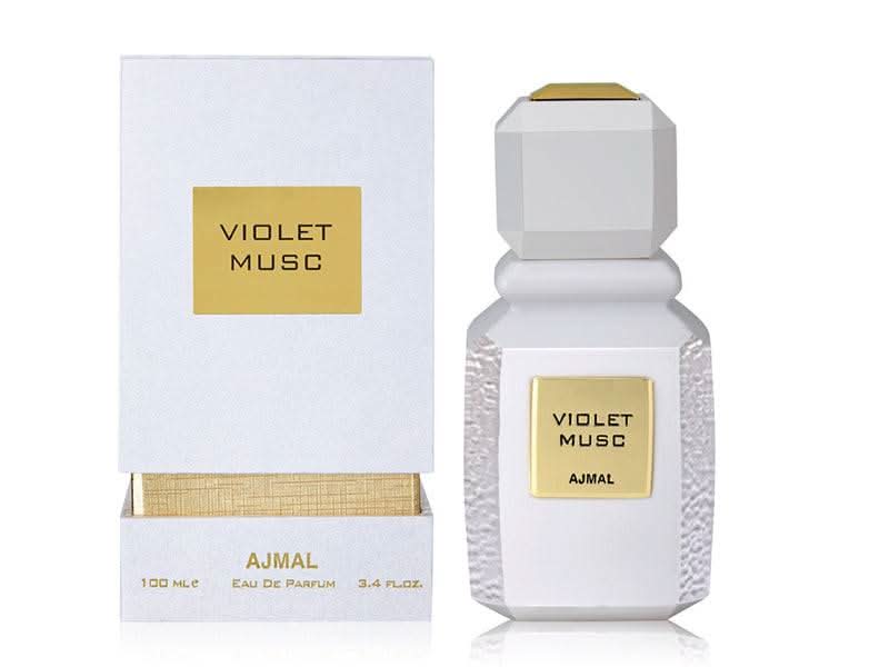 Violet Musc EDP by Ajmal, 100ml Eau De Parfum bottle with purple and silver packaging, showcasing the fragrance.