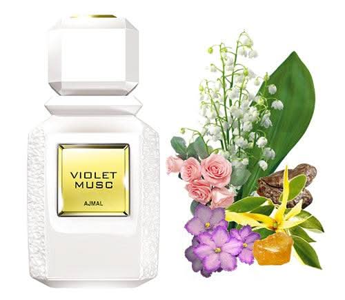 Ajmal Violet Musc EDP 100ml bottle with purple accents, showcasing the elegant fragrance packaging.