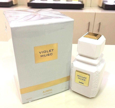 Ajmal Violet Musc EDP bottle with violet and silver accents, 100ml, elegant floral fragrance for women.