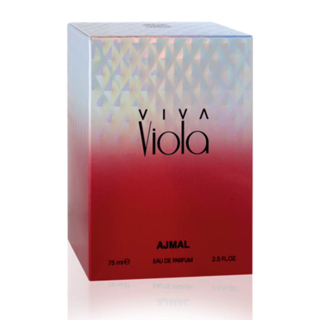 Close-up of Ajmal Viva Viola EDP for Women in 75ml bottle, showing the elegant cap and floral-inspired design.