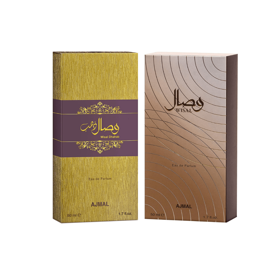 Ajmal Wisal EDP complete series 2-piece set, featuring elegant Eau de Parfum bottles with floral and oriental fragrance notes.
