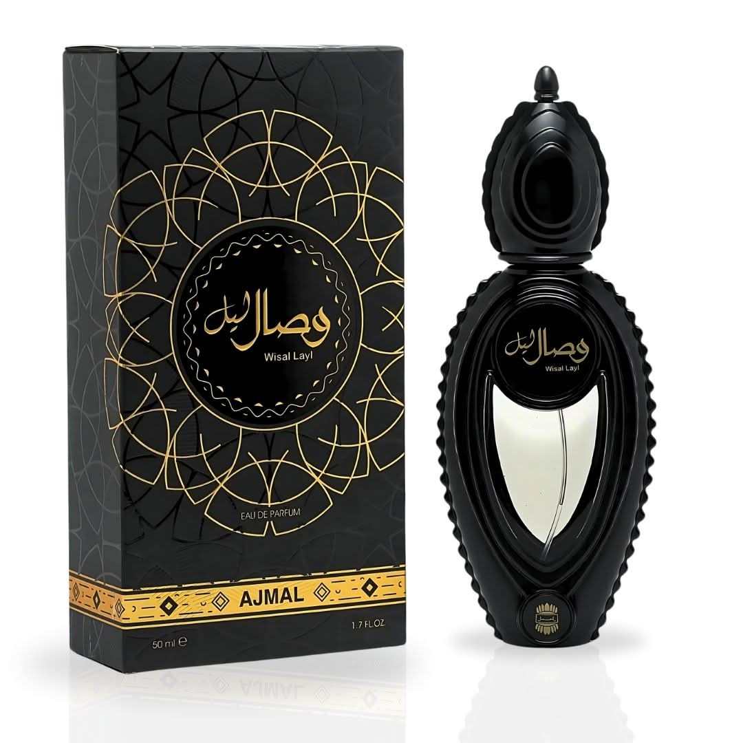 Wisal Layl EDP spray by Ajmal, 50ml, featuring a luxurious, long-lasting fragrance in a sleek perfume bottle.