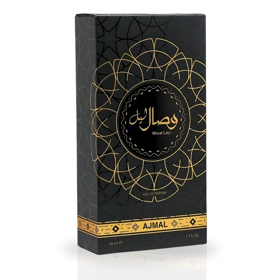 Wisal Layl Eau De Parfum spray by Ajmal, 50ml bottle, featuring luxurious, long-lasting floral and oriental fragrance.