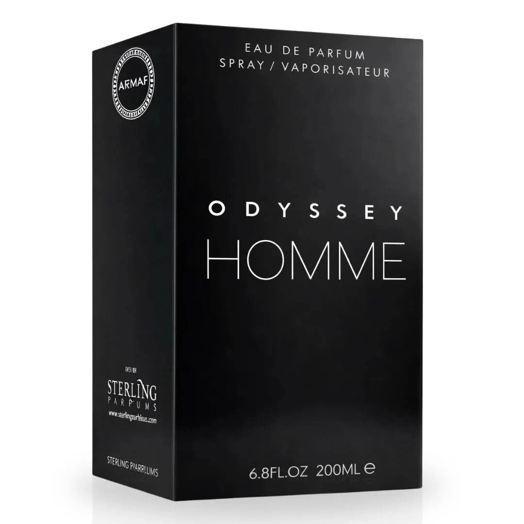 Odyssey Homme Black Eau de Parfum spray by Armaf, 200ml, with sleek black bottle and modern design.