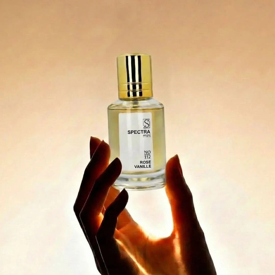 Spectra Mini Rose Vanille No. 112 Eau De Parfum spray 25ml, featuring floral and vanilla notes in a sleek fragrance bottle