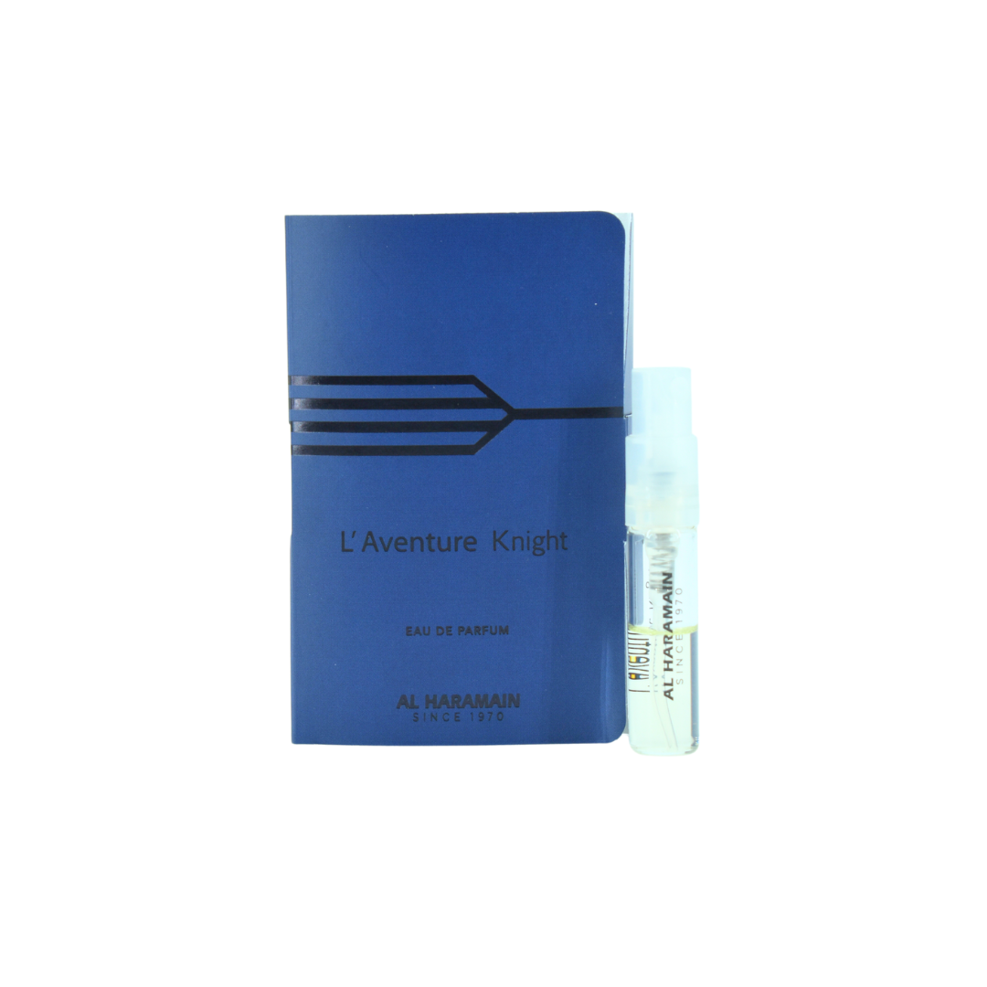 Al Haramain L'Aventure Knight EDP 1ml sample perfume vial in clear bottle with black cap