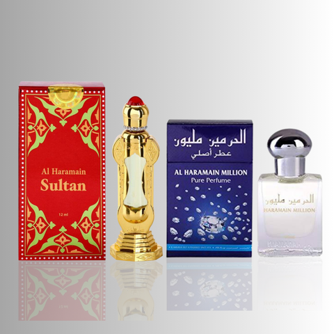 Al Haramain Million and Sultan concentrated perfume oil set, 15ml and 12ml bottles with caps removed