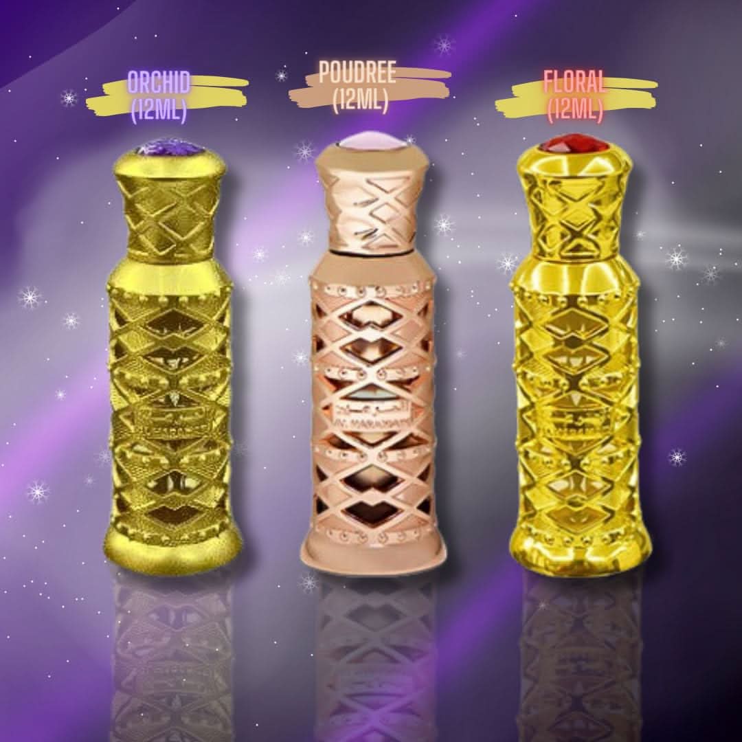 Al Haramain Musk Floral, Musk Orchid and Musk Poudree concentrated perfume oil 3-piece set, 12ml bottles