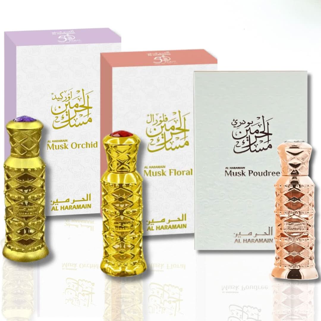 Al Haramain Musk Floral, Musk Orchid & Musk Poudree 3-piece concentrated perfume oil set, 12ml bottles