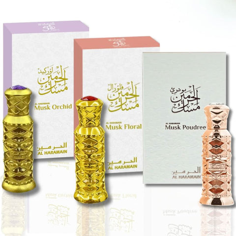 Al Haramain Musk Floral, Musk Orchid & Musk Poudree 3-piece concentrated perfume oil set, 12ml bottles