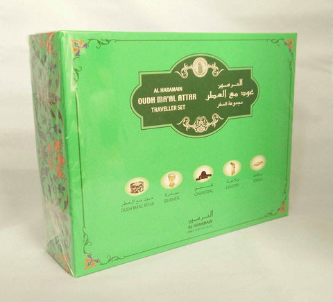 Al Haramain Oudh Maal Attar travel set with bakhoor gift set accessories