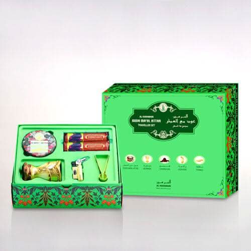 Al Haramain Oudh Maal Attar travel set with small perfume bottles and bakhoor gift set contents