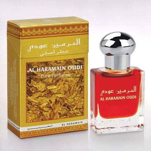 Al Haramain Oudi Perfume Oil 15ml CPO bottle with elegant packaging and a dark glass container.