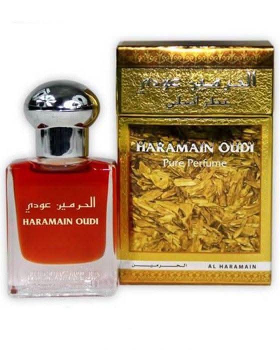 Al Haramain Oudi perfume oil 15ml CPO concentrated perfume oil in a glass bottle with a decorative cap.