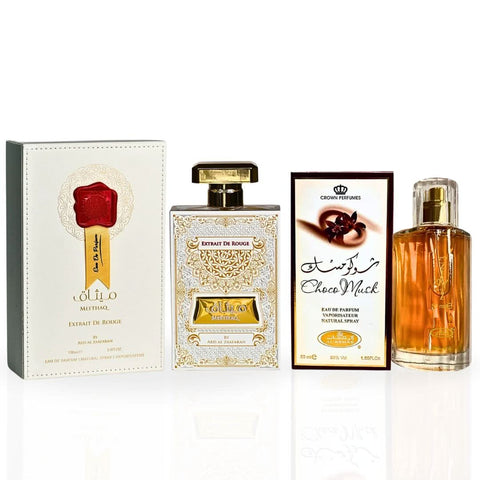 Bundle of Choco Musk 50ml by Al Rehab and Meethaq Extrait Eau de Parfum 100ml by Ard Al Zaafaran, featuring bottle labels.