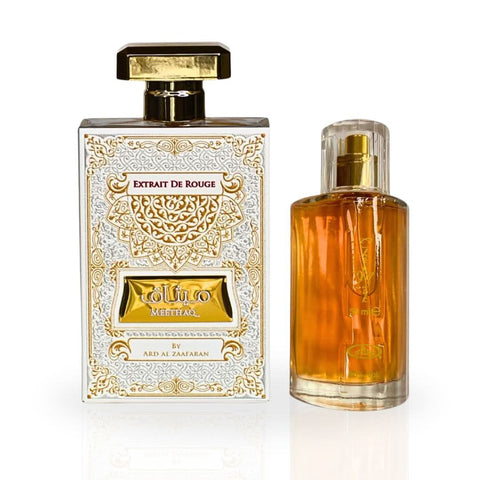 Bundle of Choco Musk 50ml by Al Rehab and Meethaq Extrait Eau de Parfum 100ml by Ard Al Zaafaran, featuring two perfume bottles.