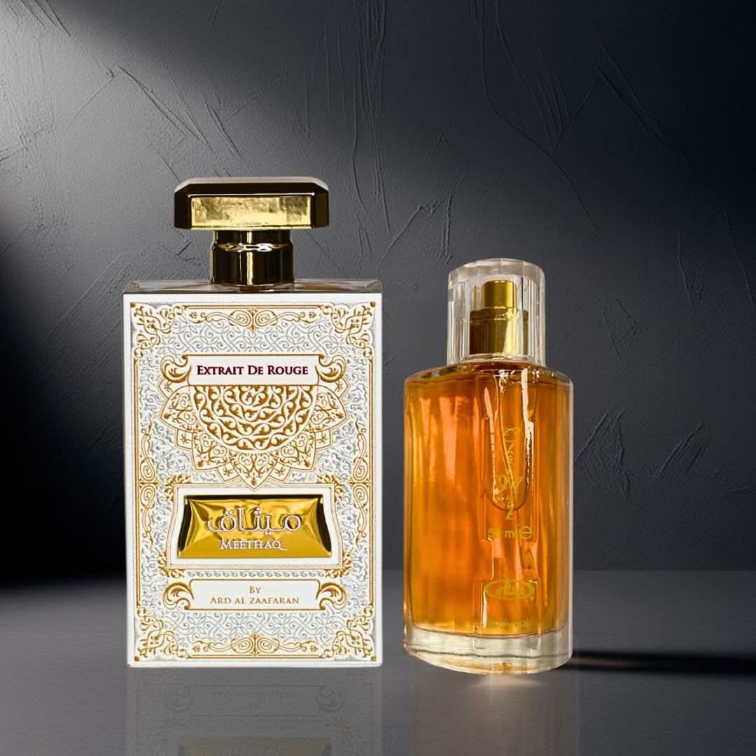Al Rehab Choco Musk 50ml and Ard Al Zaafaran Meethaq Eau de Parfum 100ml bundle, featuring two fragrance sprays with elegant packaging.