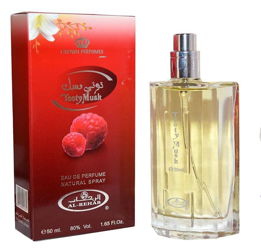 Al Rehab Tooty Musk Eau de Parfum spray for women, 50ml bottle, with a sleek design and soft pink accents.