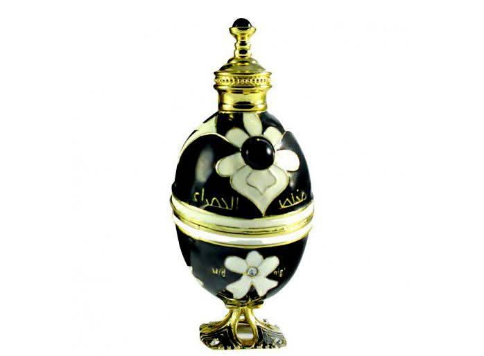 Arabian Oud Mukhallat Al Hamra Midnight perfume oil for women, 12ml, with elegant glass bottle and dark-colored cap.