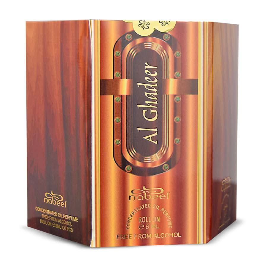 Al Ghadeer Nabeel Perfumes box with 6 x 6ml concentrated perfume oil roll-ons, featuring elegant packaging and perfume bottles.