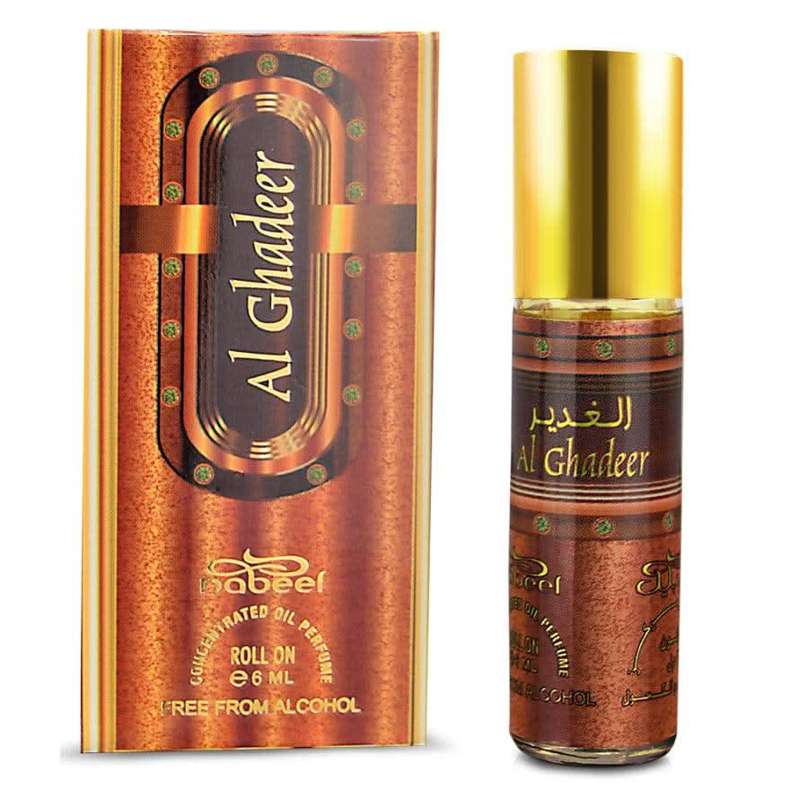 Nabeel Al Ghadeer box with six 6ml roll-on perfume oils, concentrated perfume oil by Nabeel Perfumes, sleek packaging.