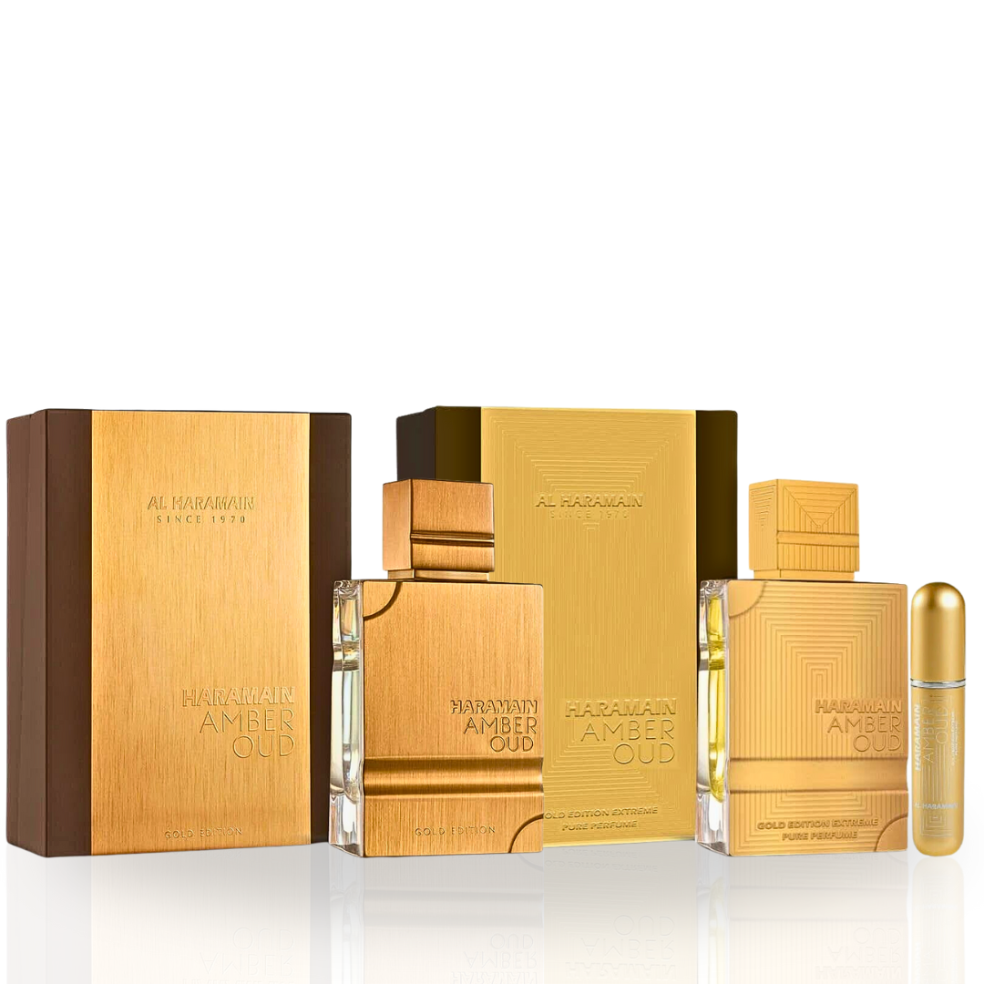 Amber Oud Gold Edition & Amber Oud Gold Edition Extreme Pure Perfume - EDP Sprays 60ML (2.0 OZ) By Al Haramain | Long Lasting & Refreshing Fragrances For Men & Women. (BUNDLE) - Intense Oud