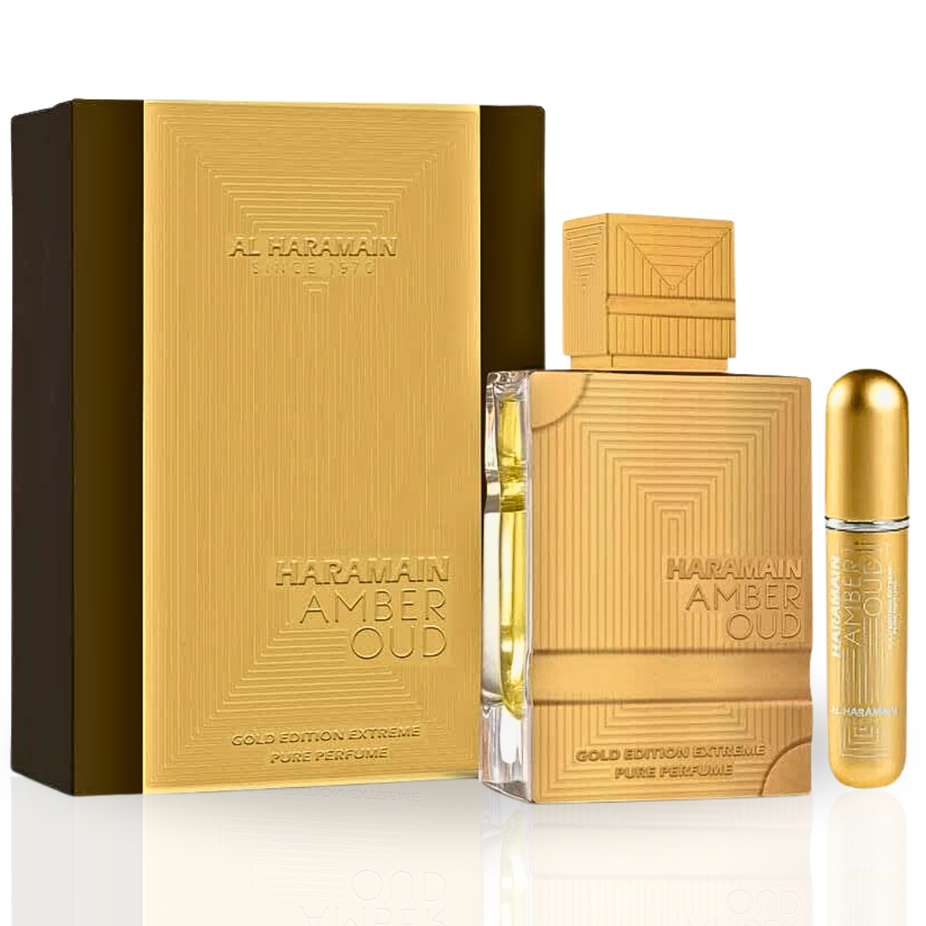 Al Haramain Amber Oud Gold Edition and Extreme perfume bundle with two 60ml EDP sprays, showcasing luxurious amber and oud fragrances.