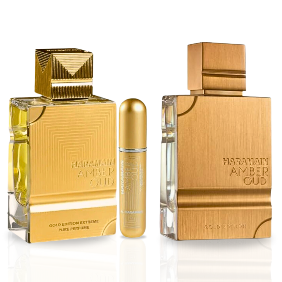 Al Haramain Amber Oud Gold Edition perfume bundle with two 60ml EDP spray bottles, showcasing luxurious gold packaging.