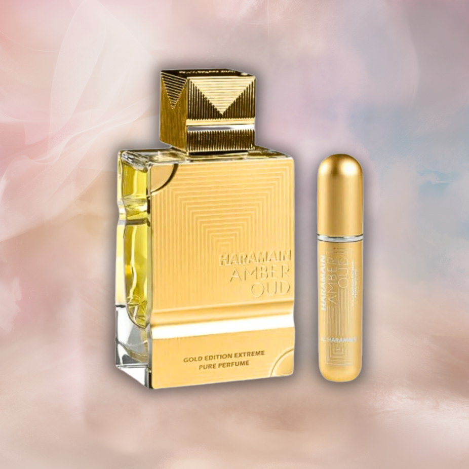 Al Haramain Amber Oud Gold Edition & Extreme EDP perfume bundle with two 60ml spray bottles, long-lasting and refreshing for men and women.