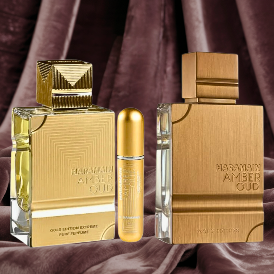 Al Haramain Amber Oud Gold Edition and Extreme Pure perfume bundle with two 60ml EDP sprays, long-lasting and refreshing for men and women.