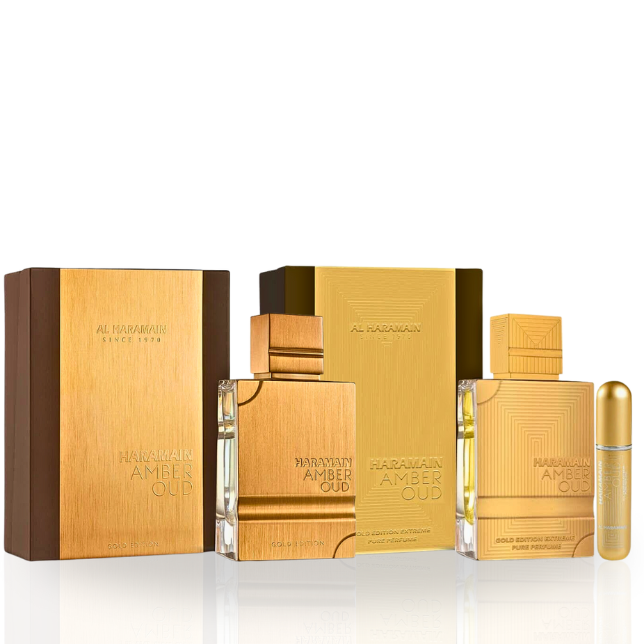 Al Haramain Amber Oud Gold Edition & Extreme perfume bundle with two 60ml EDP sprays, showcasing elegant bottles for men and women.