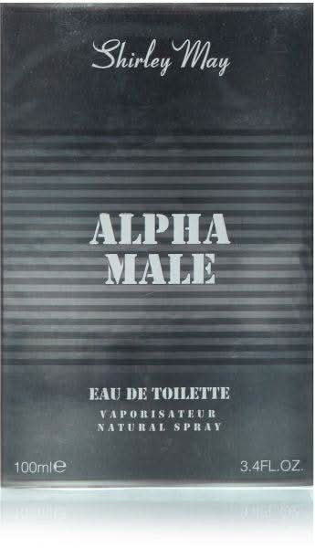 Shirley May Alpha Male Men EDT 100ml bottle with pouch, featuring sleek packaging and masculine branding.