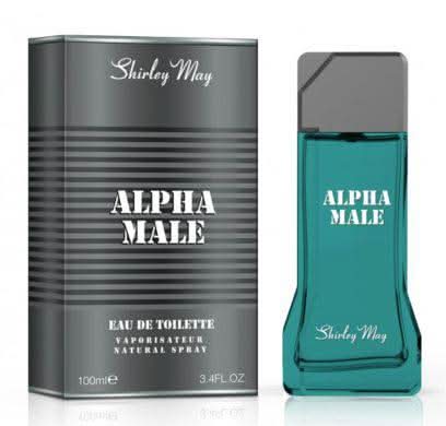 Shirley May Alpha Male Men EDT 100ml bottle with pouch, featuring sleek packaging and masculine fragrance design.