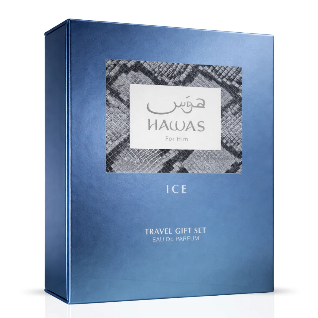 Hawas Ice 2-piece perfume travel gift set by Rasasi featuring two elegant fragrance bottles on a sleek display
