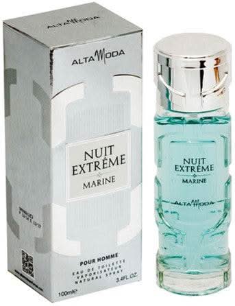 Alta Moda Nuit Extreme Marine for Men EDT 100ml in a velvet pouch, featuring a sleek bottle with a velvety finish and modern design.