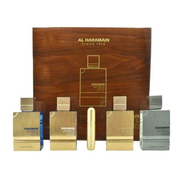 Al Haramain Amber Oud Collection gift set featuring a 60ml Eau De Parfum with warm amber and oud fragrance bottles.