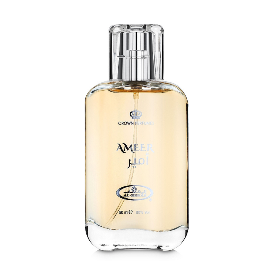 Ameer Eau de Parfum Spray 50ml by Al Rehab, showing the elegant bottle with a sleek design and clear label.