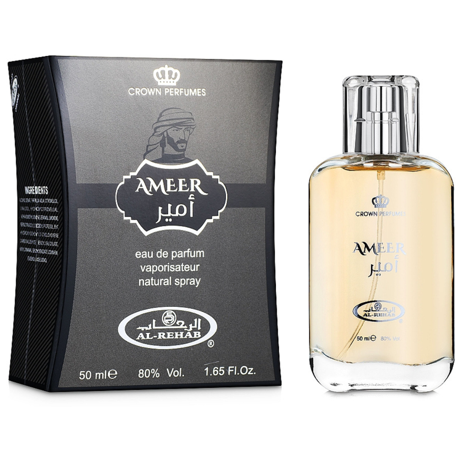 Ameer Eau de Parfum Spray 50ml by Al Rehab, featuring a sleek bottle with a gold cap and elegant fragrance label.