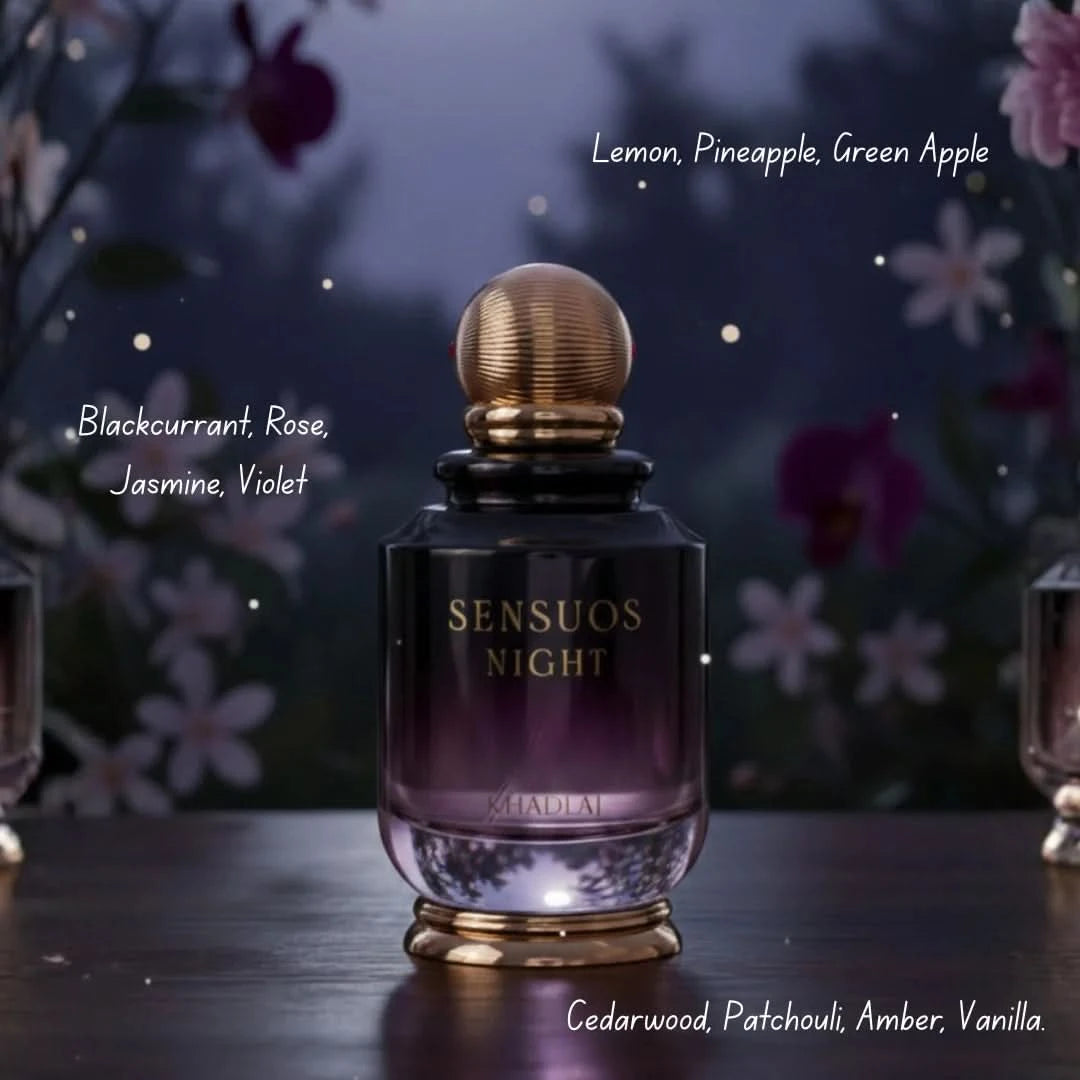 Bundle of Intense Oud Eclaire Pistache and Sensuos Night Khadlaj Eau de Parfum sprays, 100ml each, featuring luxurious fragrance bottles.