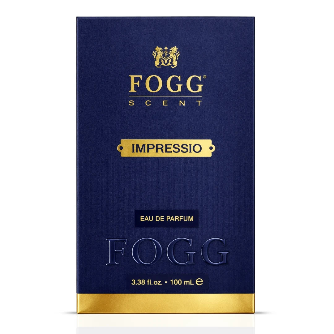 Fogg Impressio for Men Eau de Parfum spray 100ml, sleek bottle with modern design, suitable for stylish men.