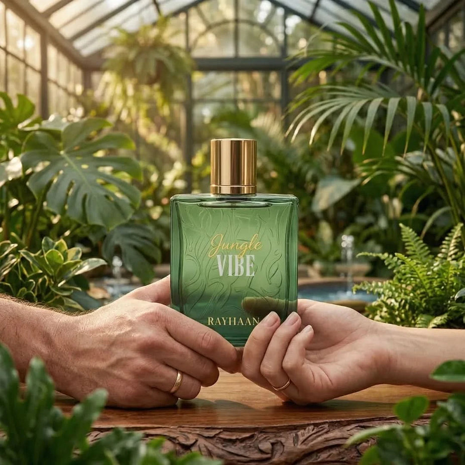 Rayhaan Jungle Vibe Eau de Parfum spray 100ml bottle with jungle-inspired design and vibrant green accents.