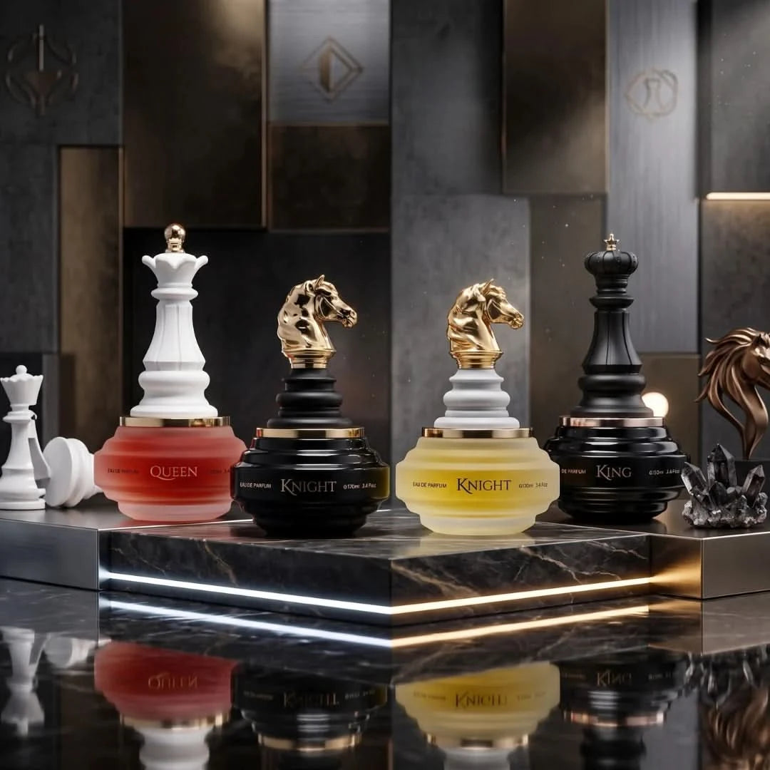 Armaf Checkmate Black Knight, White Knight, King and Queen Eau De Parfum spray bottles in a collection, 100ml each.