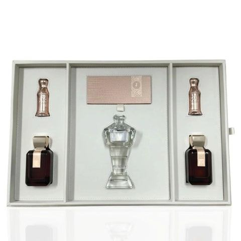 Arabian Oud Al Arabiya Brown Collection 5-piece gift set with perfumes and accessories, elegant packaging and rich fragrance.