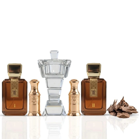 Arabian Oud Al Arabiya Brown Collection 5-piece gift set with perfume bottles and elegant packaging.