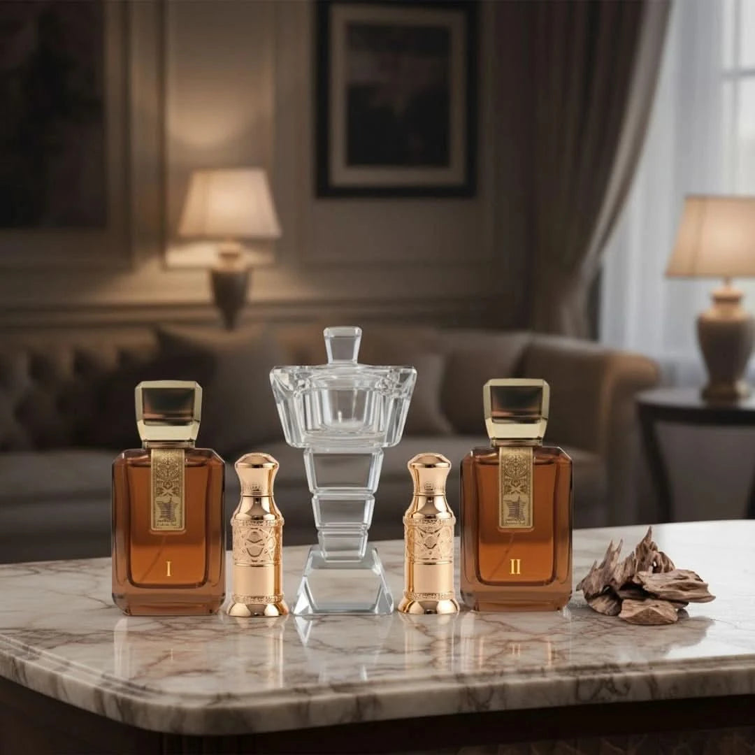 Arabian Oud Al Arabiya Brown Collection 5-piece gift set with fragrances in elegant brown packaging.