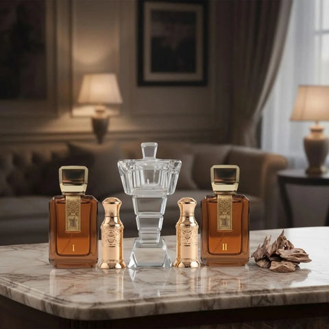 Arabian Oud Al Arabiya Brown Collection 5-piece gift set with fragrances in elegant brown packaging.
