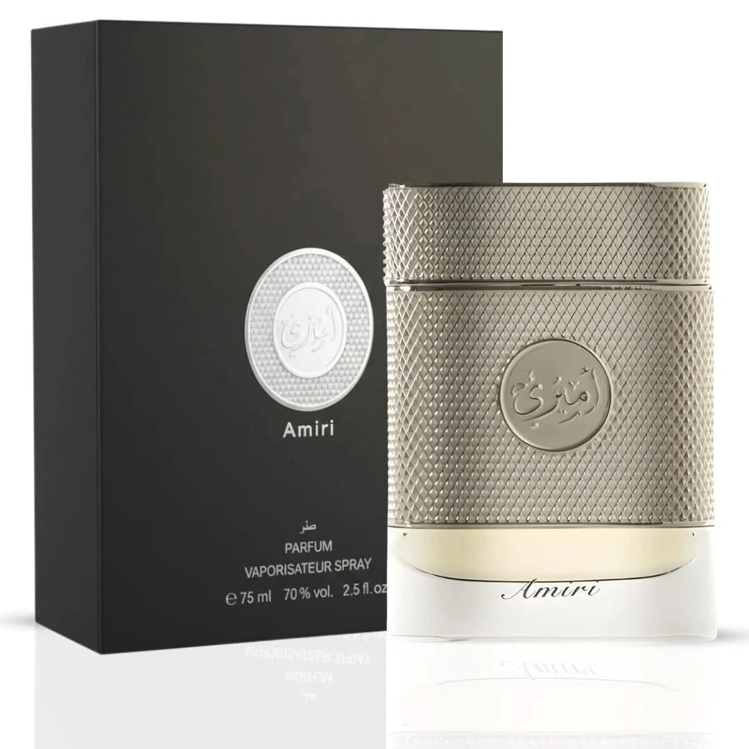 Arabian Oud Amiri Eau de Parfum Spray 75ml, elegant glass bottle with floral and woody notes, luxurious fragrance for men.