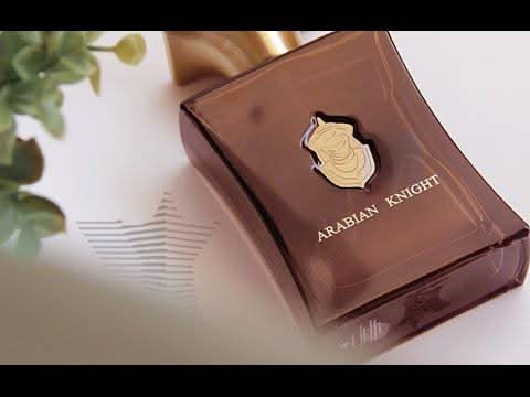Arabian Knight Eau De Parfum 100ml by Arabian Oud, with gold and black packaging, showcasing the elegant bottle design.